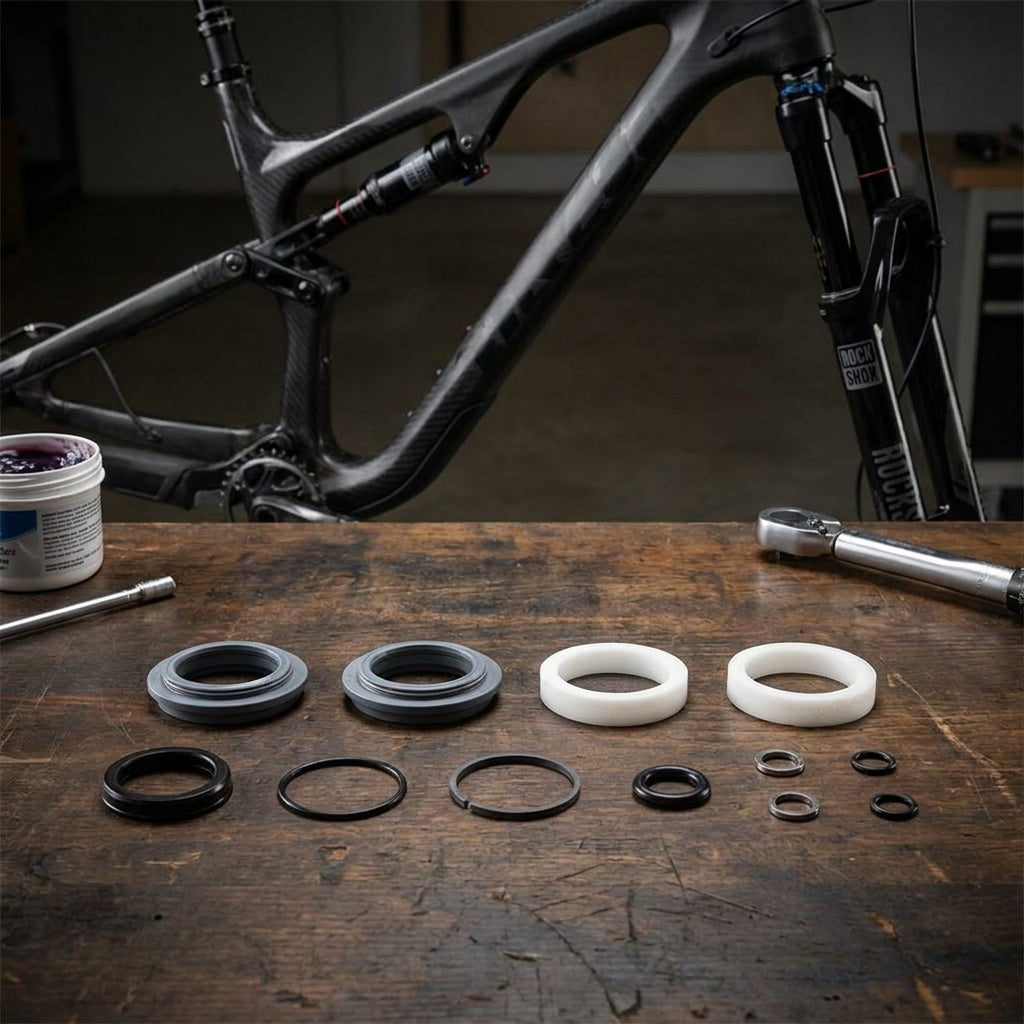 RockShox Federgabel Service-Kit Recon TK C1 (2012) mit Dichtungen, Ringen, Schmiermittel auf Holztisch.