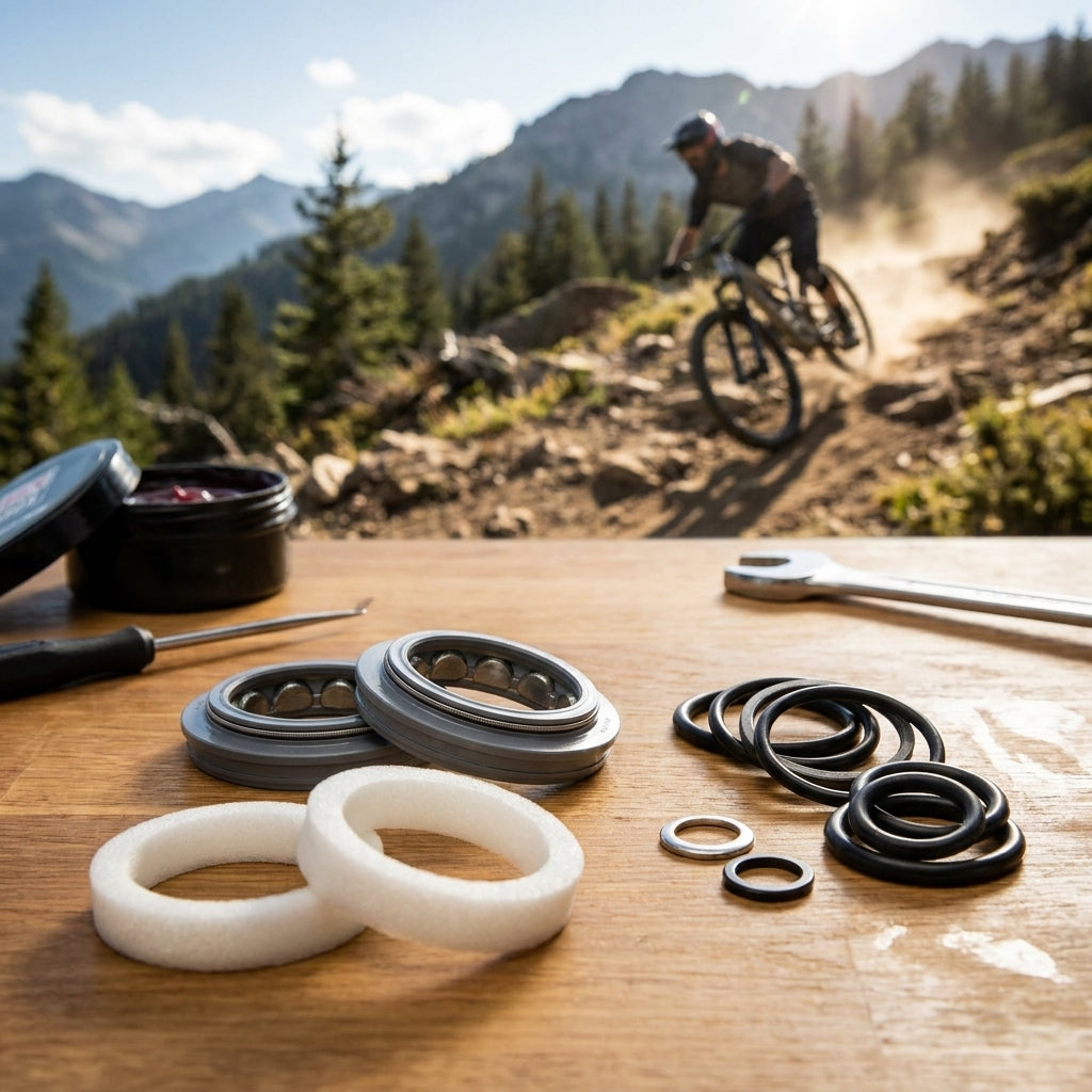 Rockshox Boxxer Revelation Gabel Service Kit Basic 2012 mit Dichtungen und Schmierfett, Biker fährt Mountainbike.