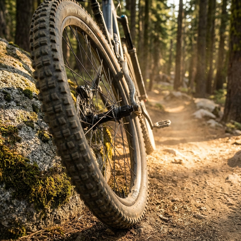 Mountainbike mit schwarzer Race Face Trace Nabe auf sonnigem Waldweg. Robust für Enduro.