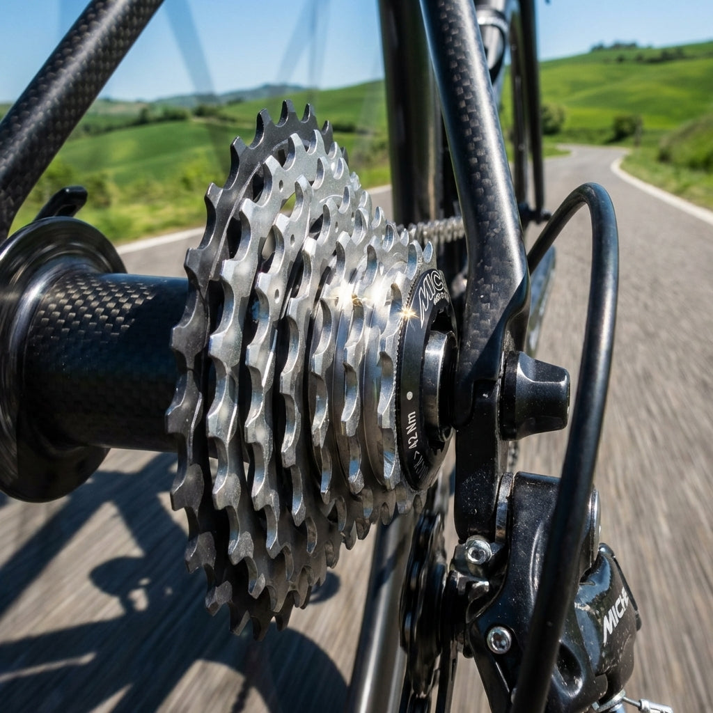 Miche Primato Light 11-fach Campa Kassette am Rennrad, Carbon-Hinterrad auf sonniger Landstraße.