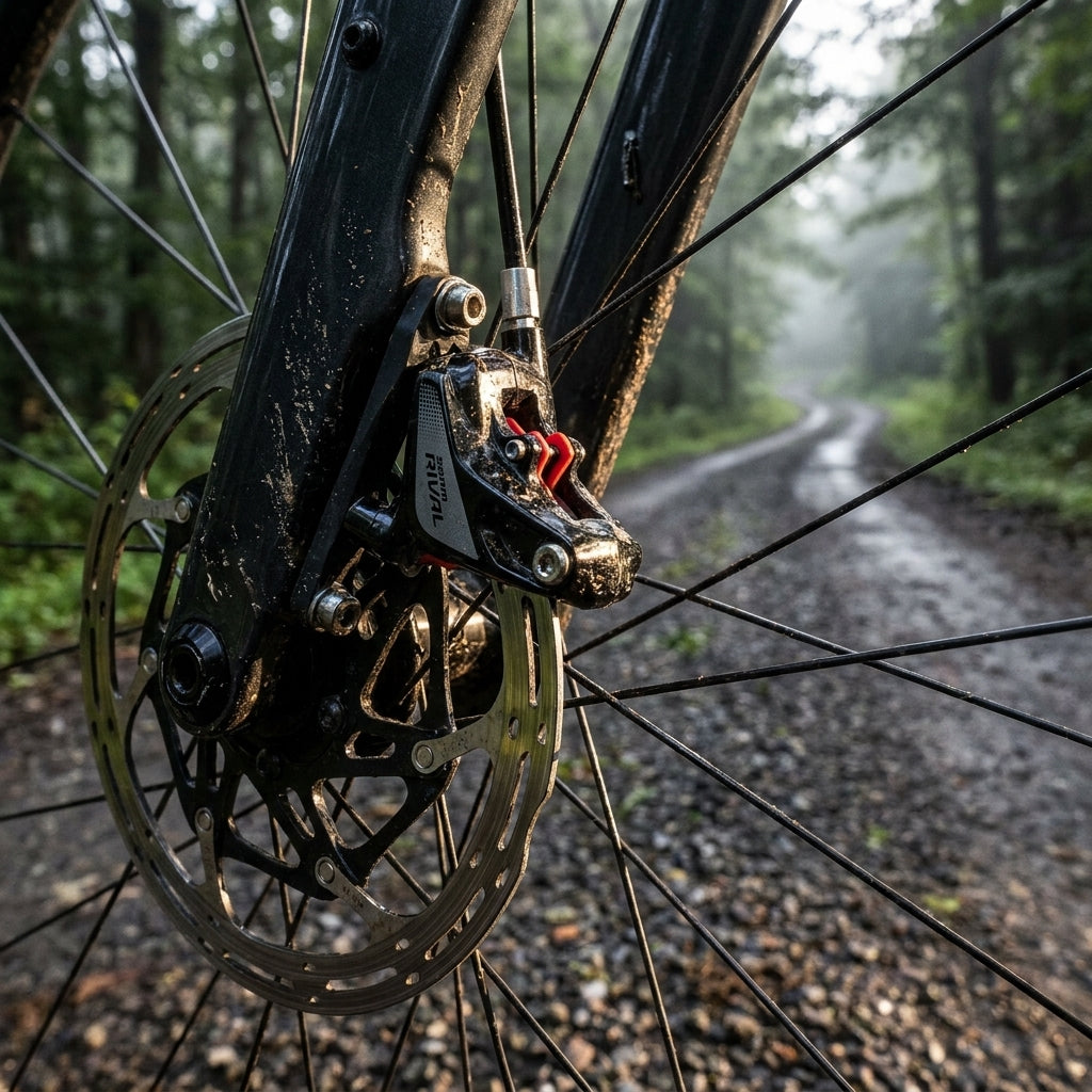 SRAM Rival 1 hydraulische Scheibenbremse vorne, Flat Mount, mit Bremsscheibe am Gravelbike auf Waldweg.