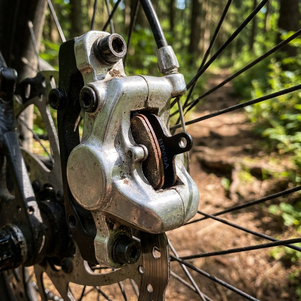 Hochleistungs TEKTRO Novela Disc Bremsbeläge BP69A semi-metallisch grün an Fahrradbremse.
