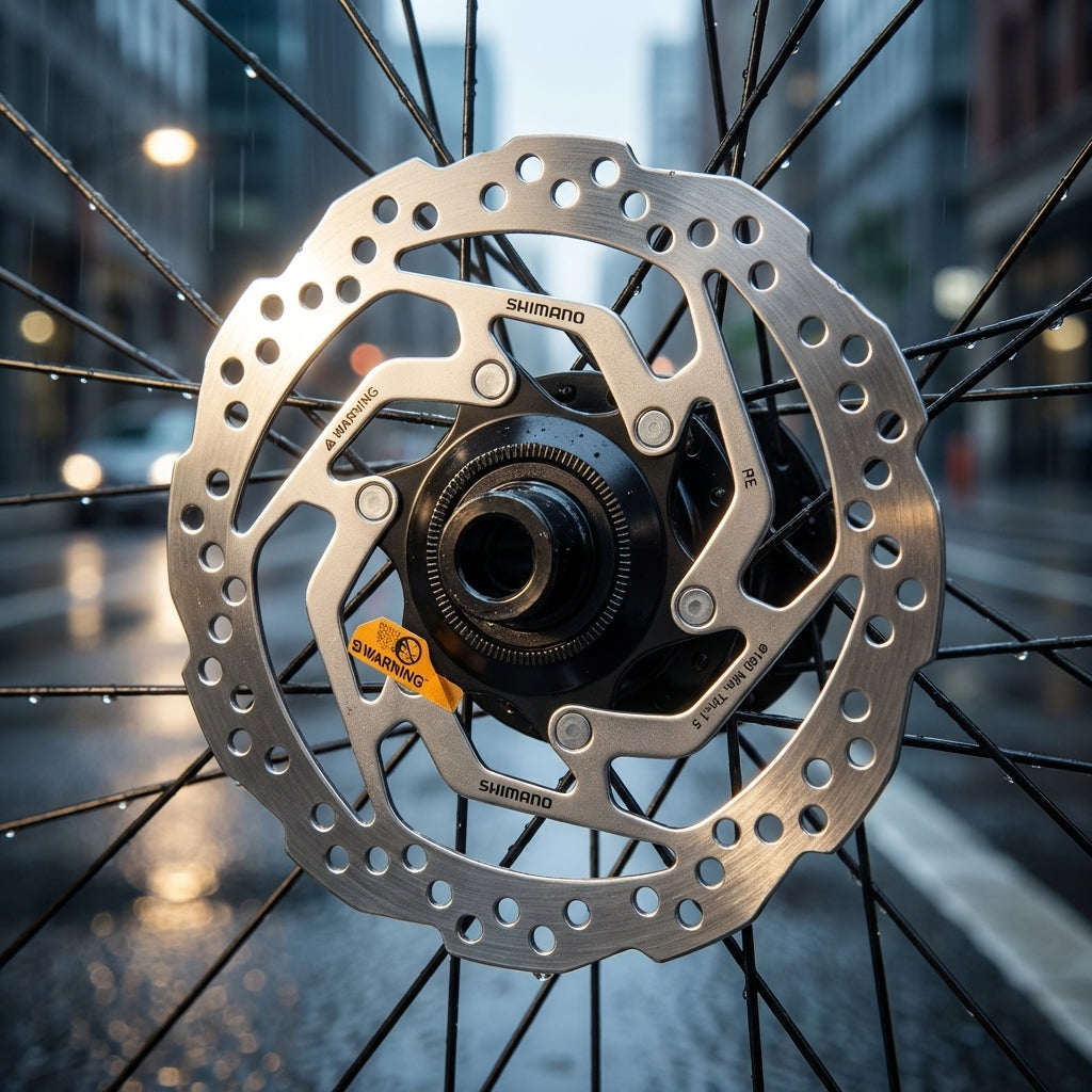 SHIMANO Bremsscheibe SM-RT10 160mm Centerlock für Scheibenbremsen, am Fahrradrad im Regen auf Stadtstraße.