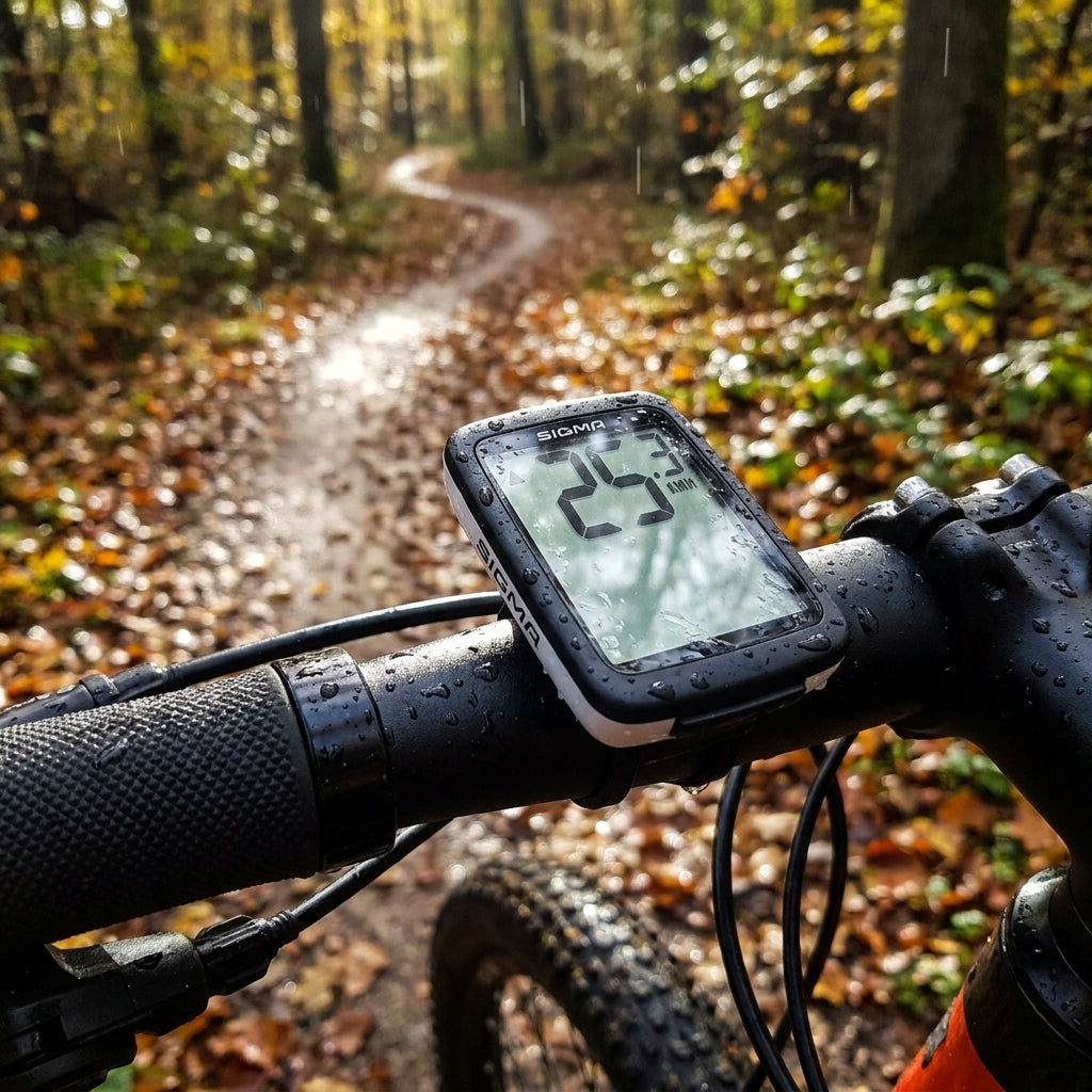 Sigma Fahrradcomputer BC 10.0 WR auf Mountainbike-Lenker im Herbstregen, zeigt 25.3 km/h.
