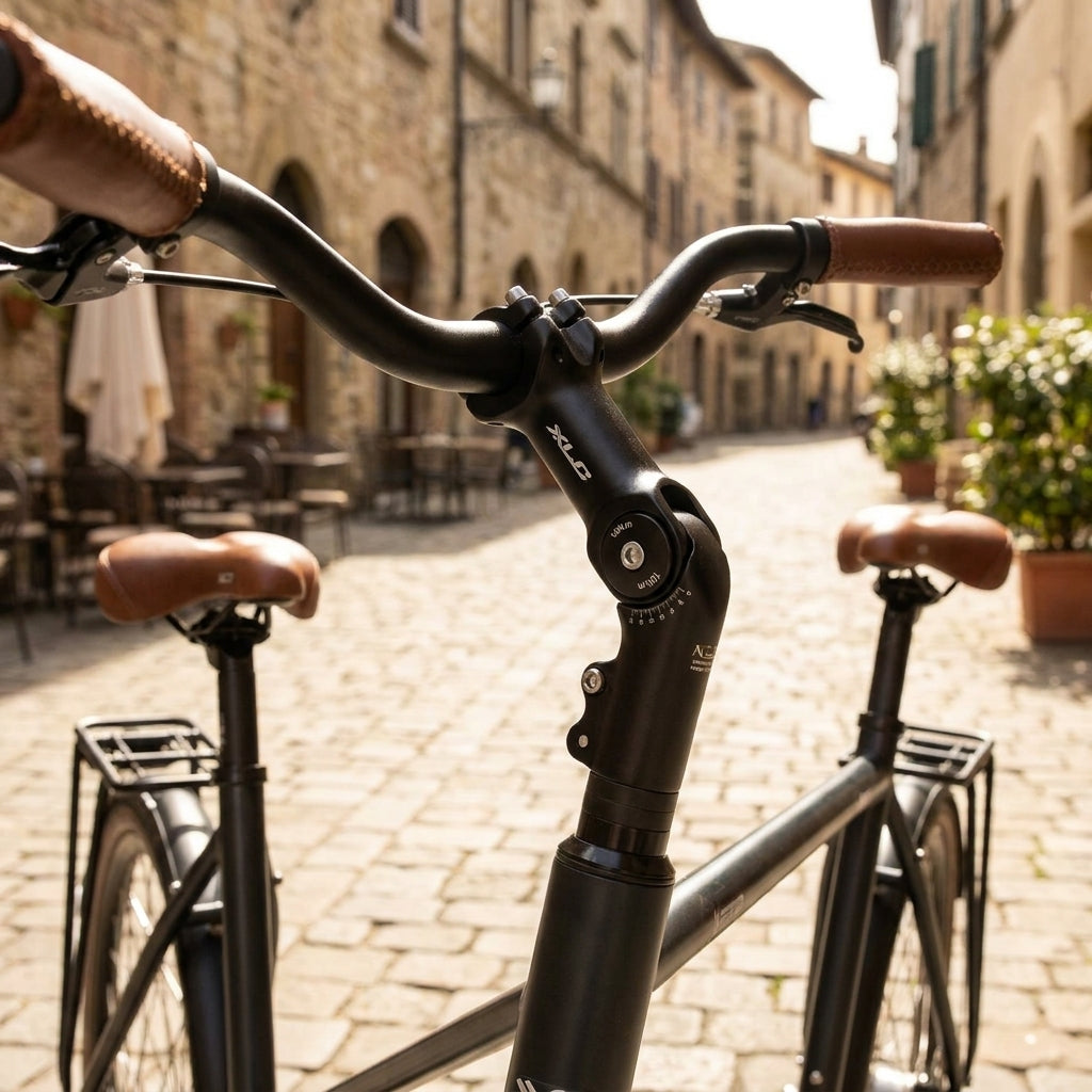 Verstellbarer XLC Vorbau ST-T02 Alu 25,4 mm 100 mm an schwarzem Fahrrad vor historischer Kulisse.
