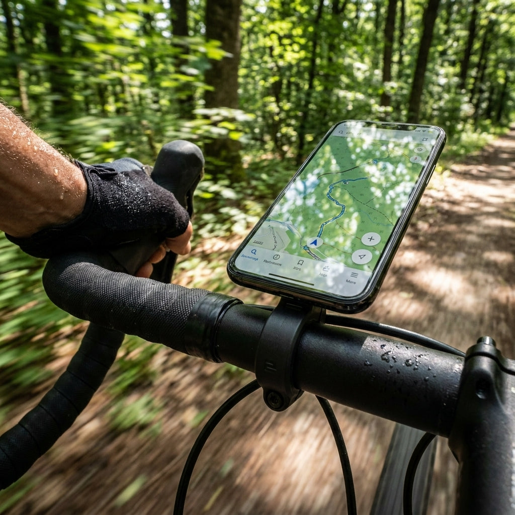 Ergotec SP-Connect Adapter schwarz für Fahrradlenker, hält Smartphone mit Karte beim Radfahren auf Waldweg