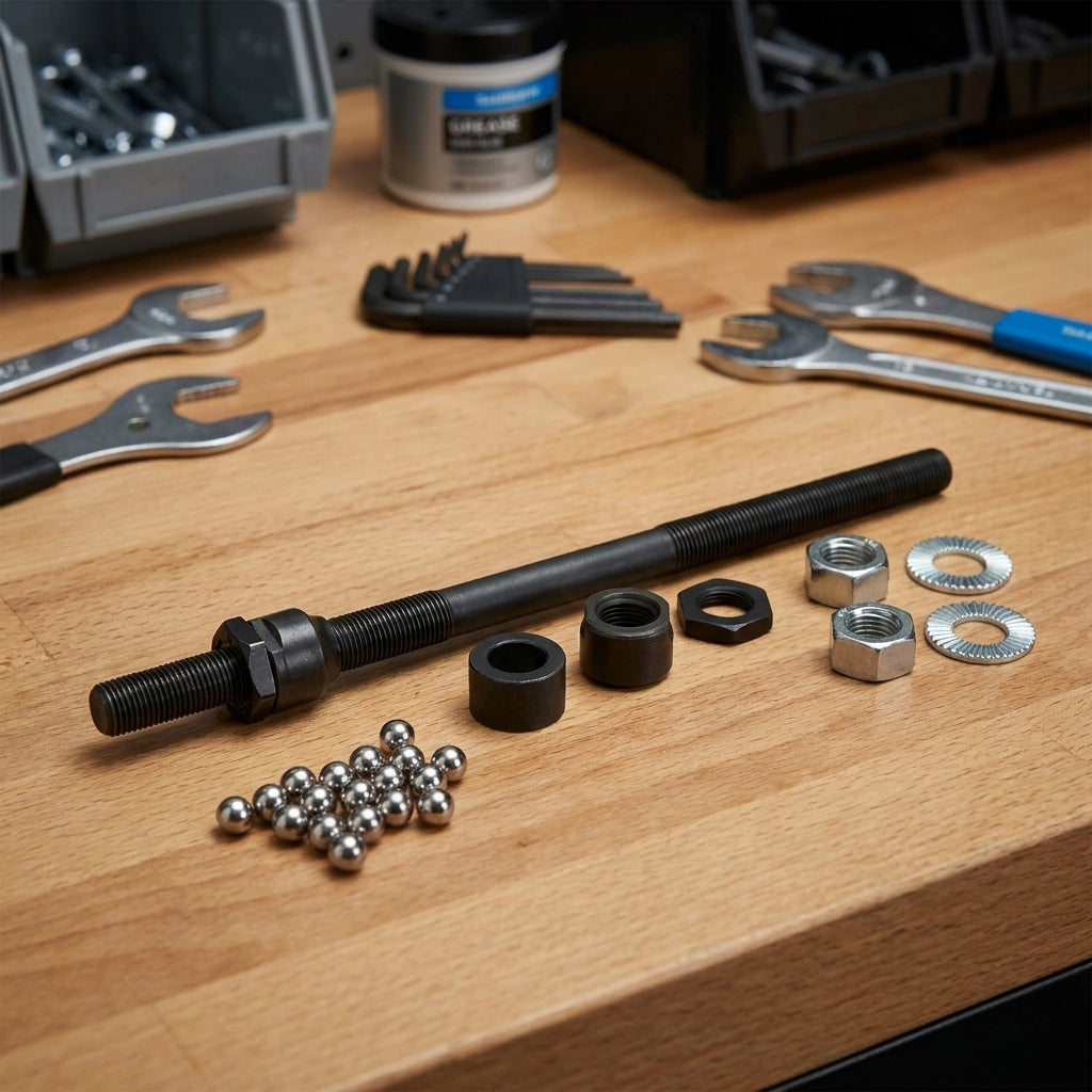 SHIMANO Nabenachse FH-NN300 185mm mit Kugellagern und Muttern auf Werkbank, Fahrradreparatur.