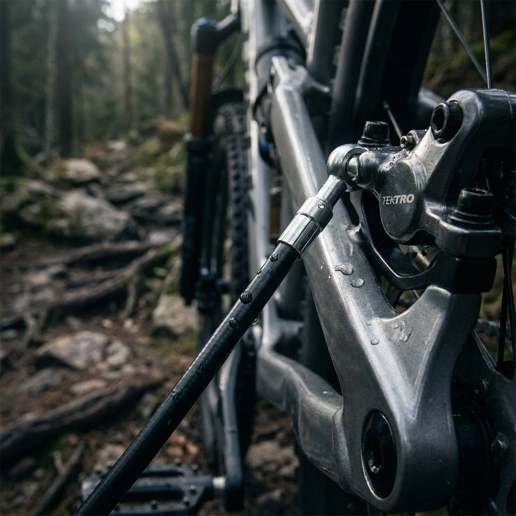 TEKTRO Auriga Hydraulikleitung schwarz mit Banjo an Scheibenbremse eines Mountainbikes, mit Wassertropfen.