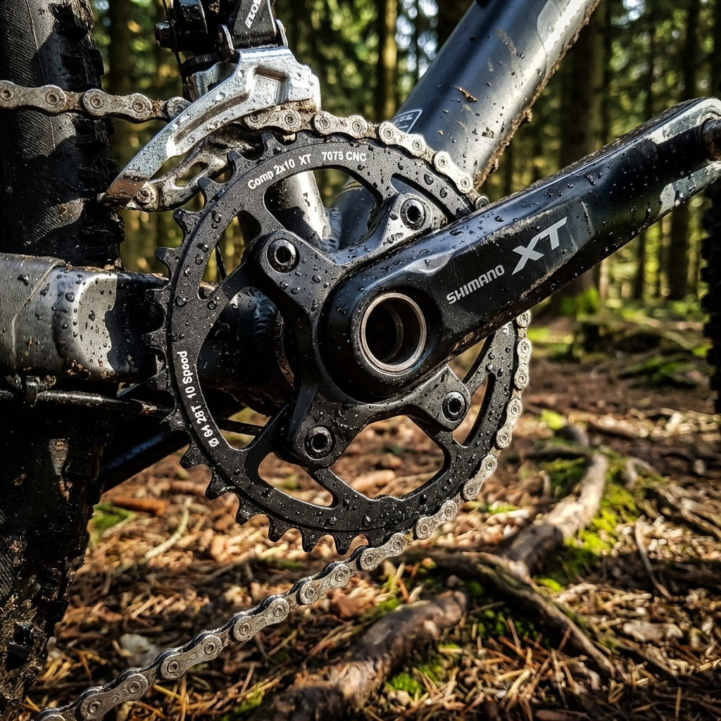 Nahaufnahme: Schwarzes Stronglight CT2 2x10 XT 28 Zähne Kettenblatt am nassen Mountainbike-Antrieb im Wald.