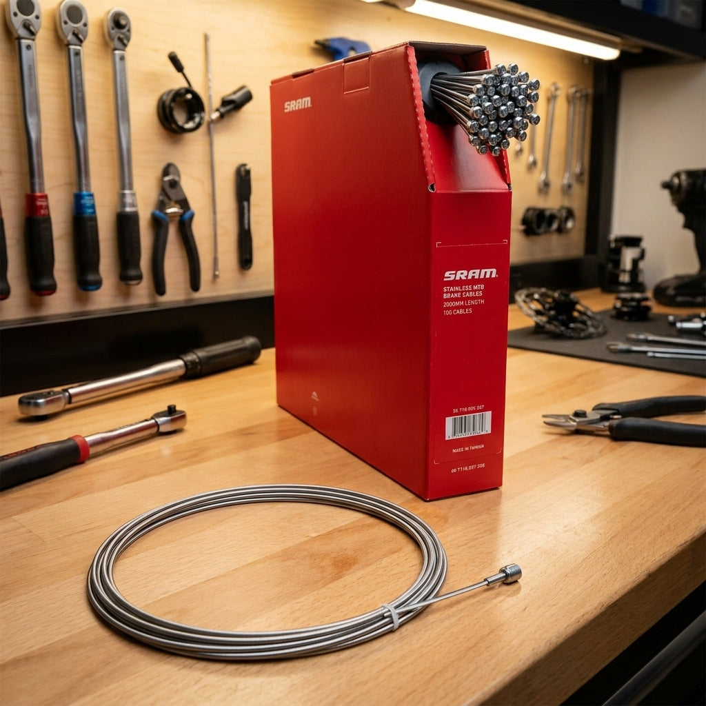SRAM MTB Bremszüge: 100 rostfreie 2000mm Bowdenzüge in roter Box, ein Kabel auf Werkbank für präzise Bremsperformance.