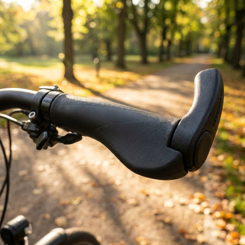 Herrmans Clik Lenkergriffe, schwarz, ergonomisch geformt, an einem Fahrradlenker auf einem Herbstweg.