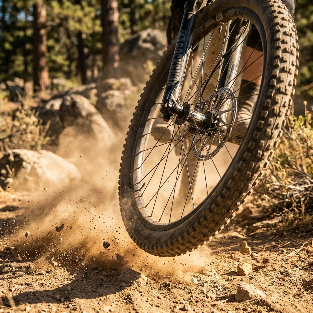 Mountainbike-Vorderrad mit RockShox Steckachse Maxle Ultimate wirbelt Staub auf.