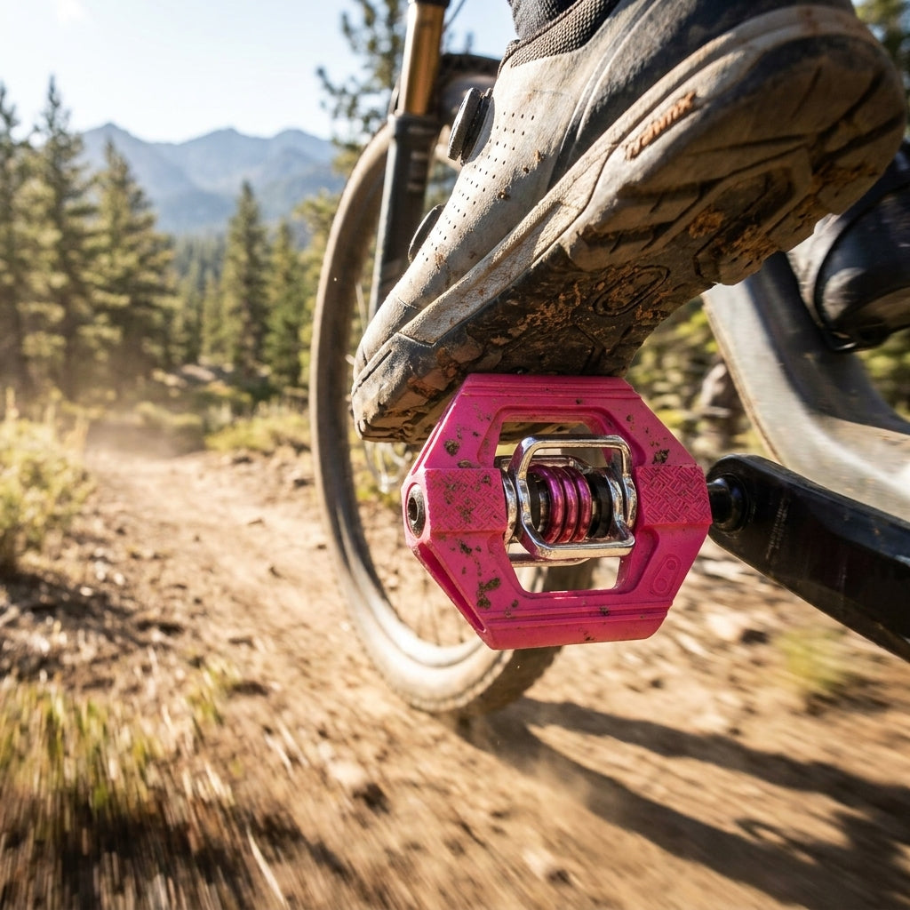 Crankbrothers Candy 1 Klick-Pedal pink am Mountainbike mit Schuh auf staubigem Trail im Gelände.