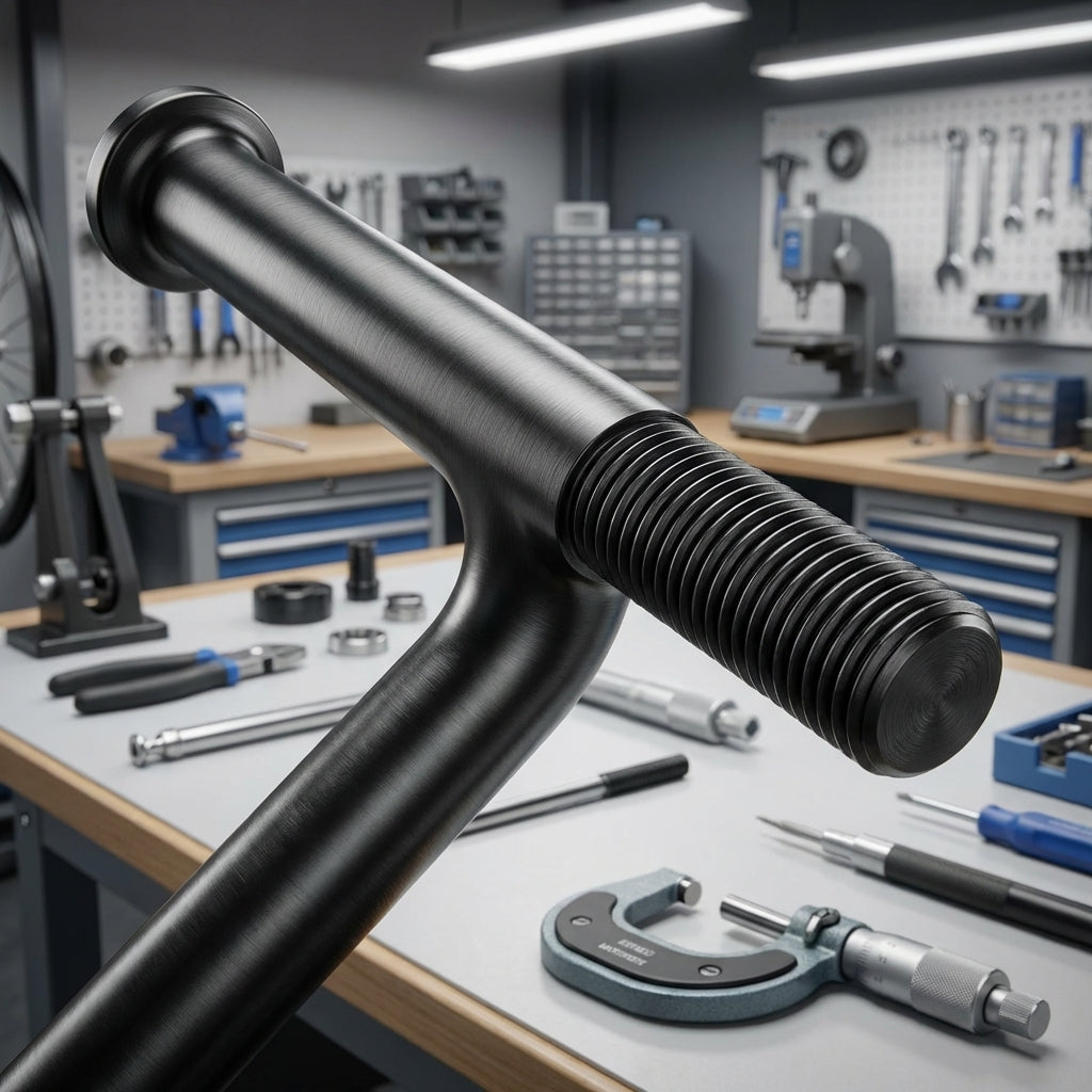 Detaillierte schwarze cnSpoke STD14C 288mm Fahrrad-Speiche aus Edelstahl mit Gewinde in moderner Werkstatt.