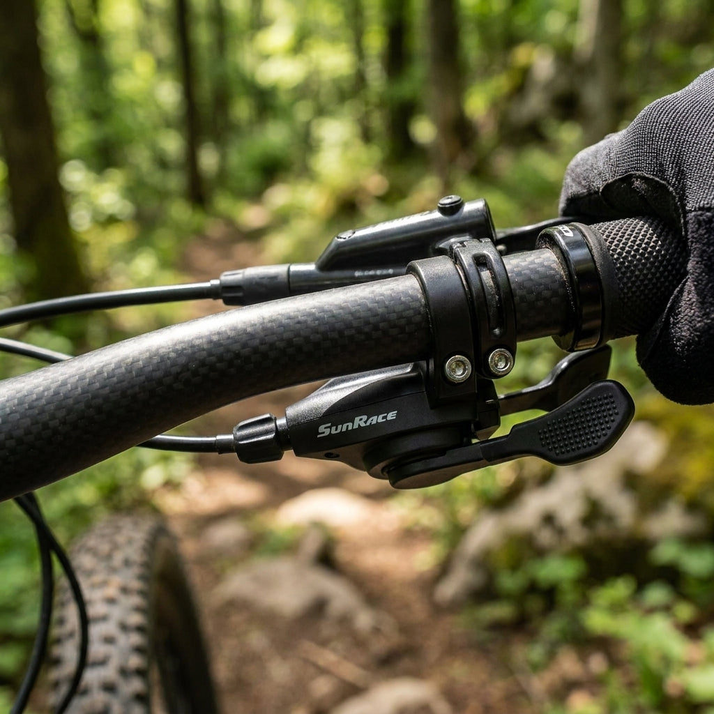 Schwarzer SunRace DLMS30 10-fach rechter Schalthebel am Carbon-Fahrradlenker auf einem Waldweg.