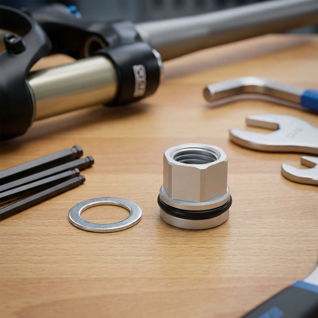 SR Suntour Fixiermutter-Set für SF17 NRX-S Fahrradgabel. Original Ersatzteil für sichere Reparatur und optimale Funktion.