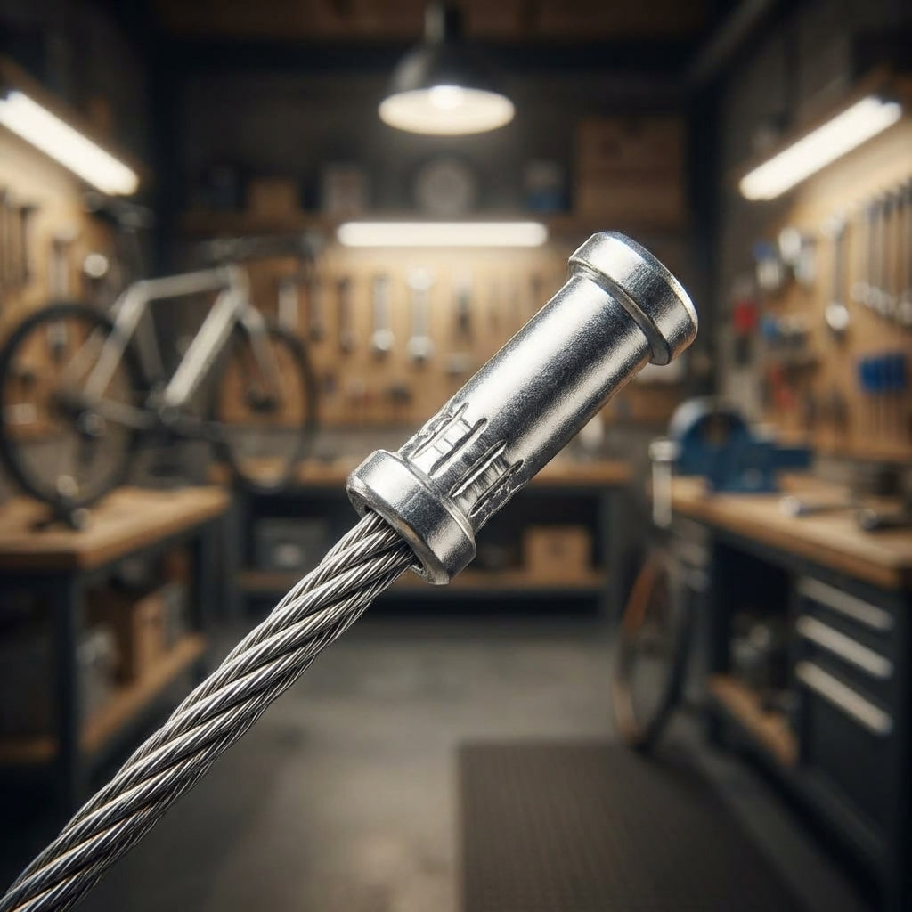 SHIMANO 1,6mm Bremszug Endkappe aus glänzendem Metall auf Drahtseil.