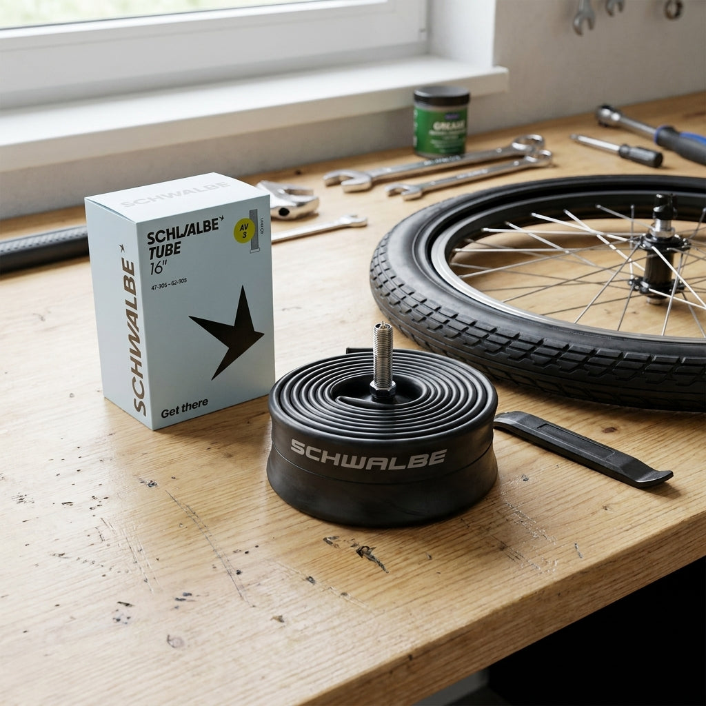 Schwalbe Fahrradschlauch AV3 47/62-305, zuverlässiger Schlauch mit Autoventil auf Werkbank mit Laufrad.