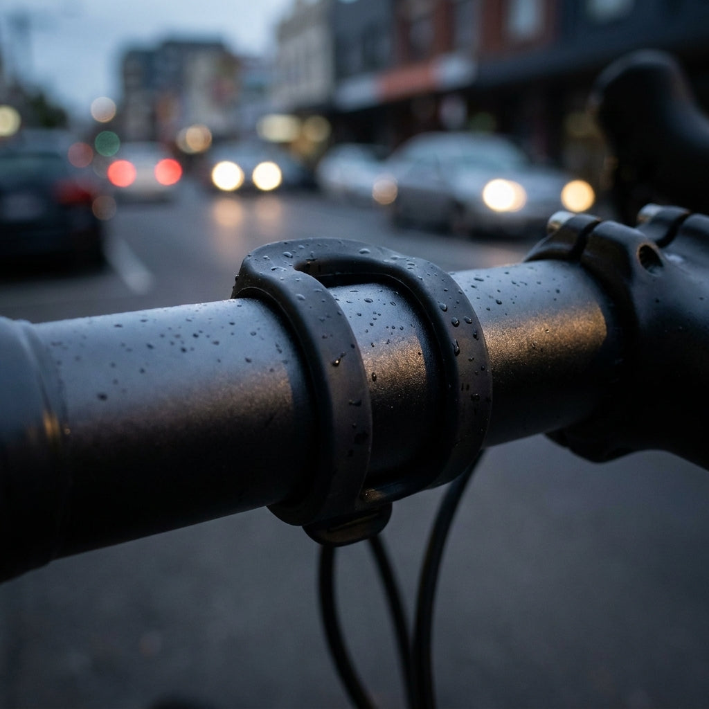 Knog Blinder MOB-ROAD R70 Strap 22-27mm kurz schwarz am nassen Fahrradlenker in städtischer Umgebung.