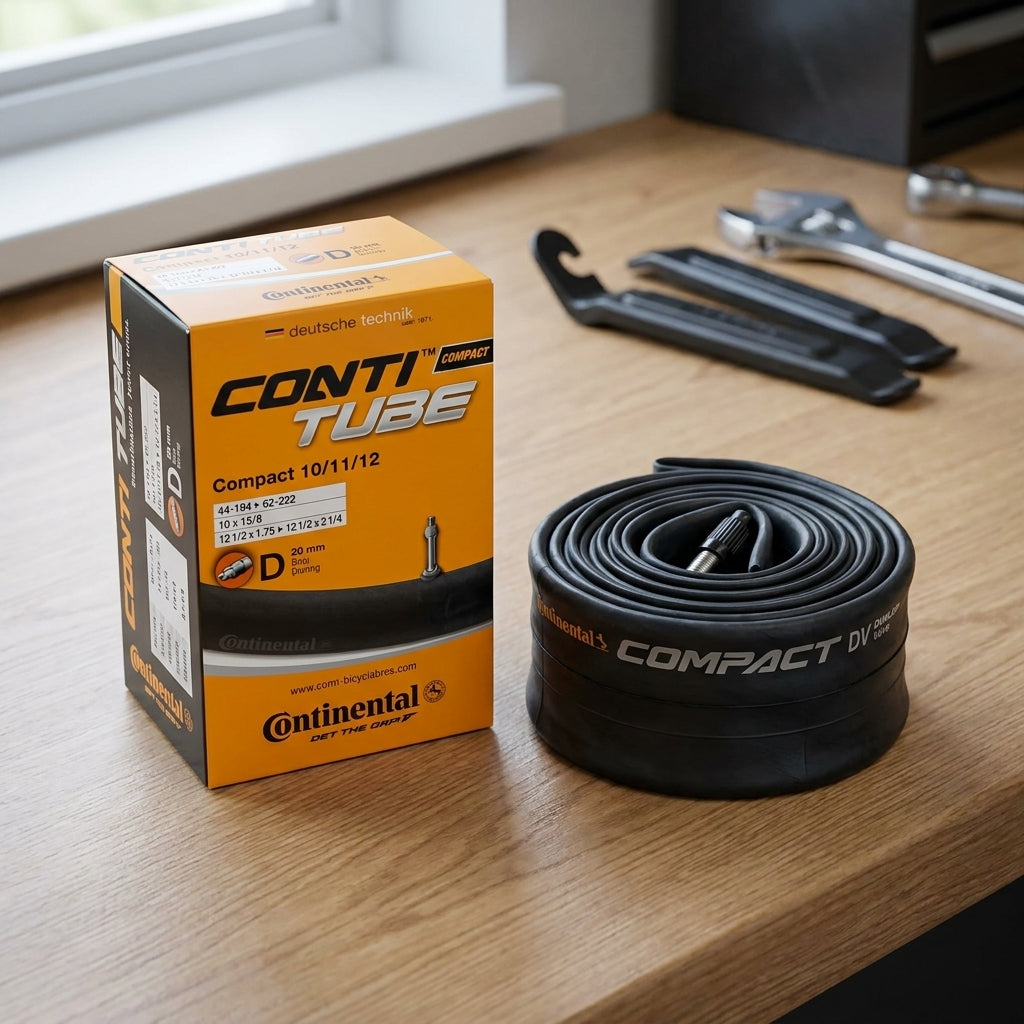 Continental Compact Fahrradschlauch 10/11/12 Zoll DV Ventil. Abgebildet mit Box und Montierhebeln.