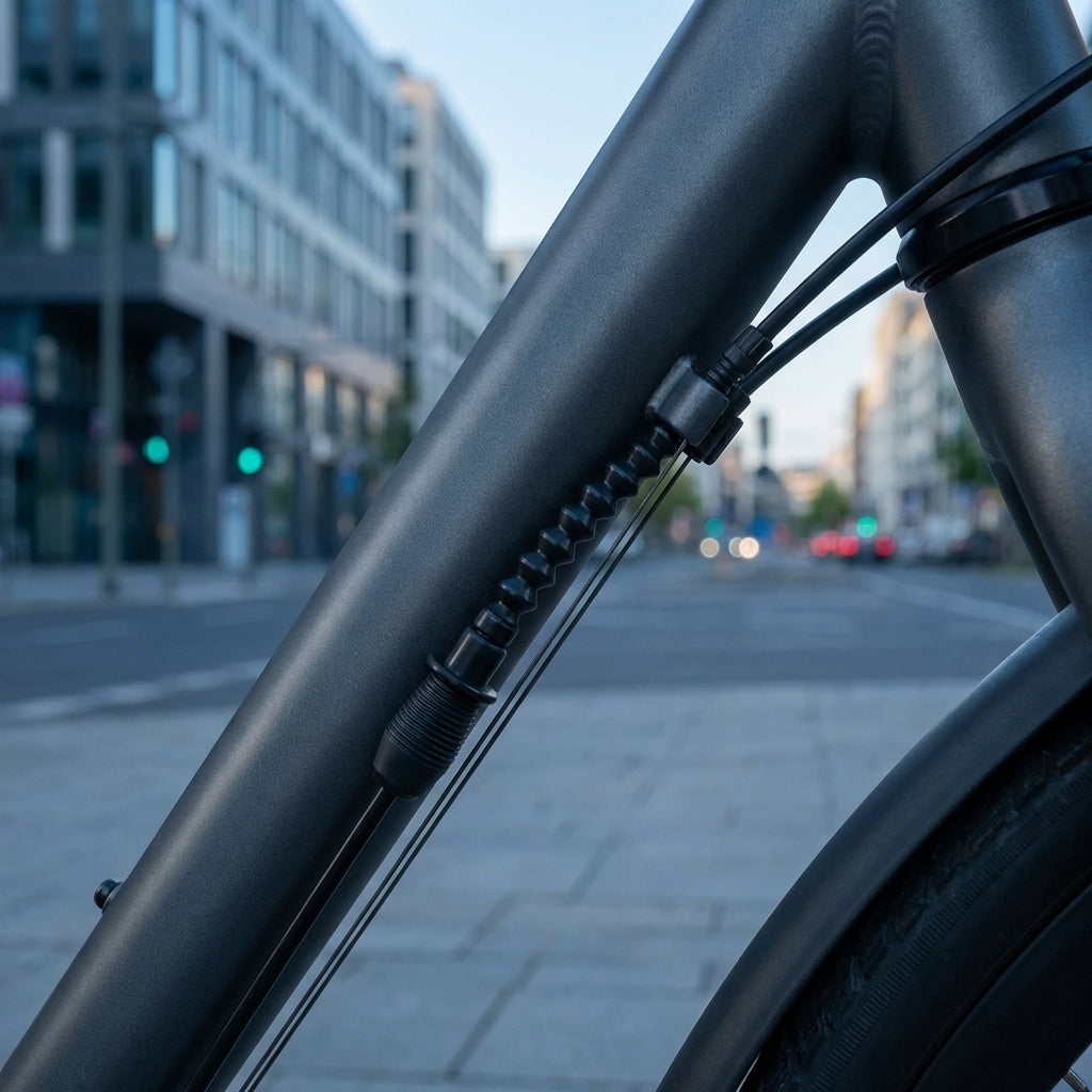Shimano Alfine Bowdenzug Halter für Schaltzüge am grauen Fahrradrahmen in der Detailansicht.