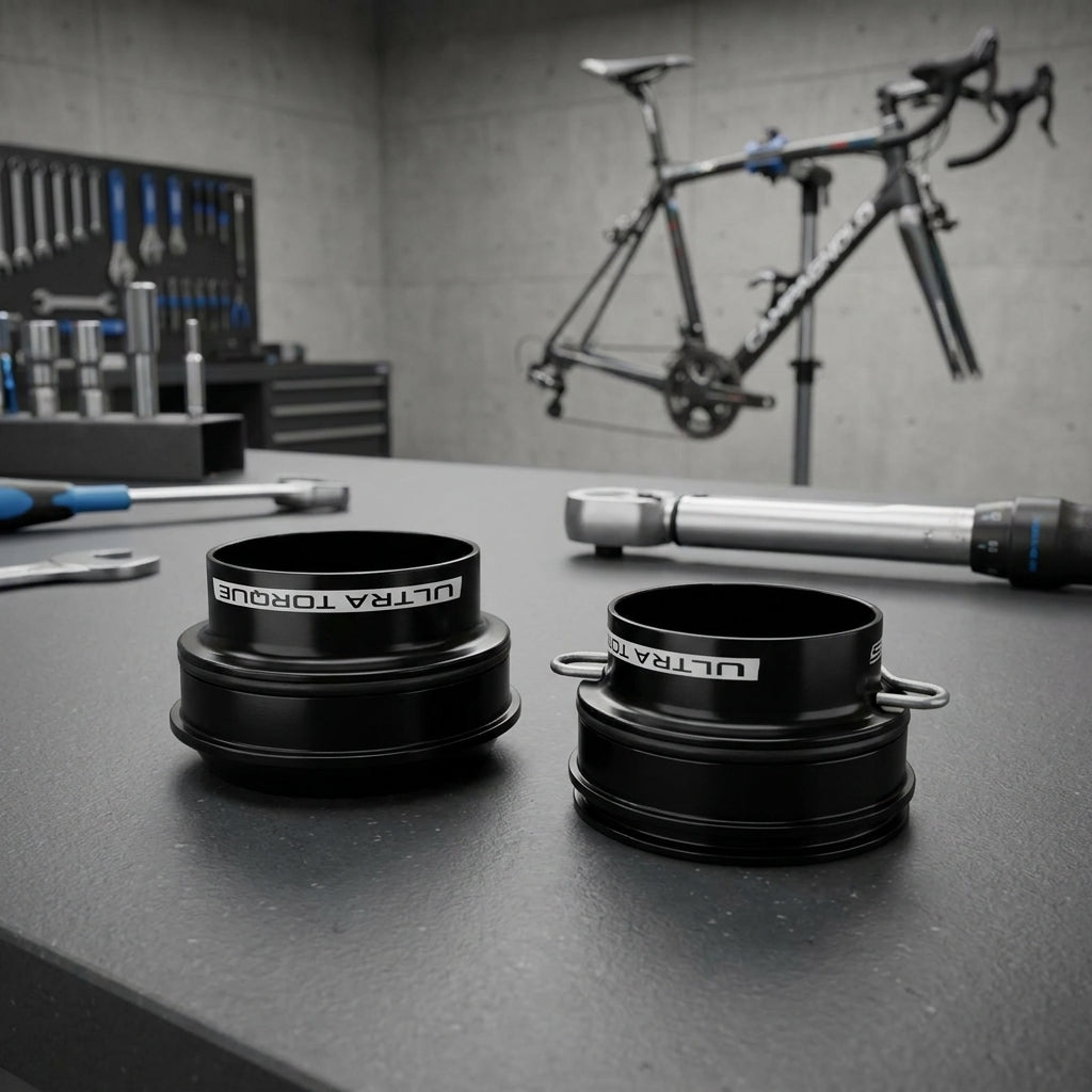 Campagnolo Lagerschalen-Set Ultra-Torque auf Werkbank in Fahrradwerkstatt, Rennrad im Hintergrund.