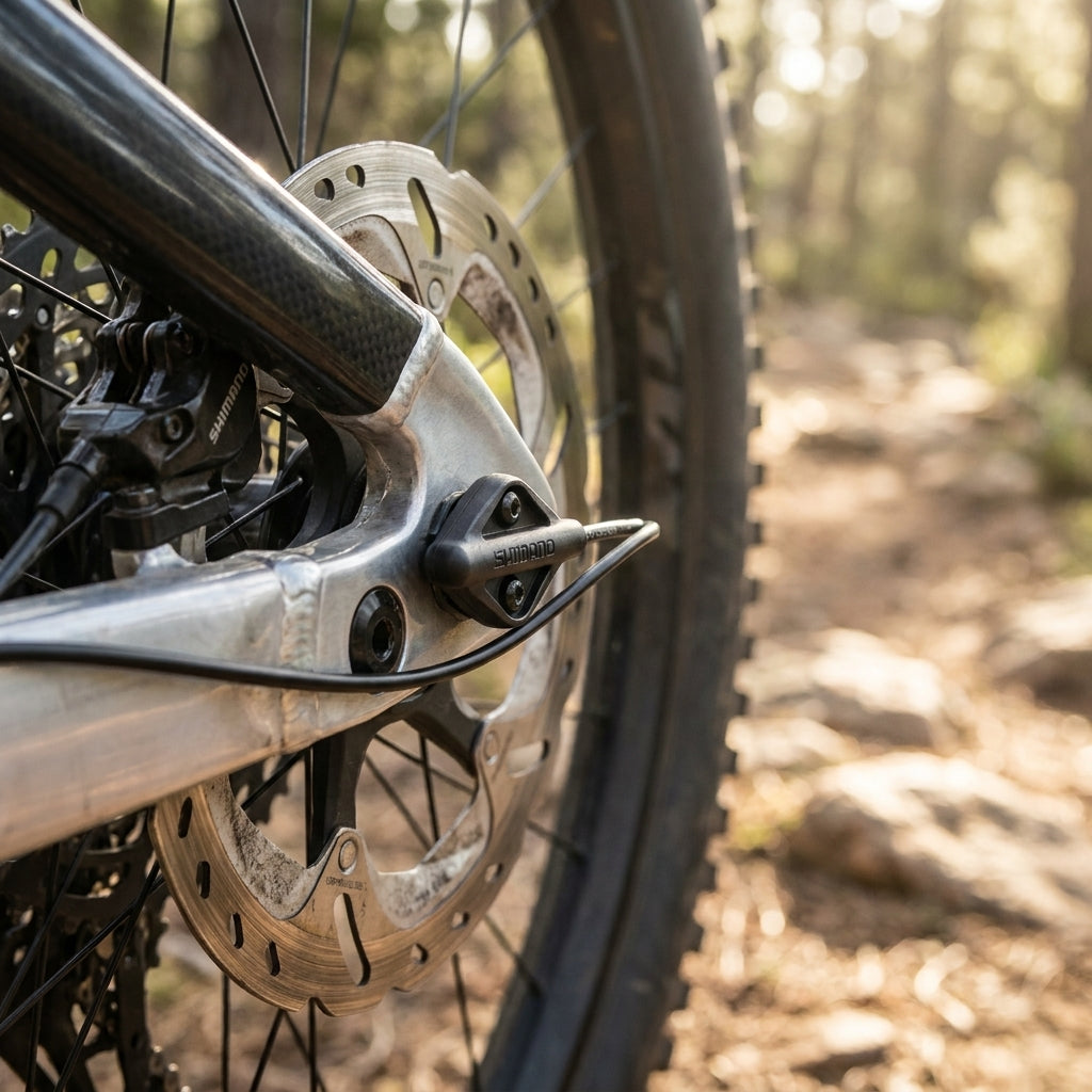 SHIMANO E-Bike Geschwindigkeitssensor EW-SS301 am Hinterrad eines Mountainbikes auf Waldweg.