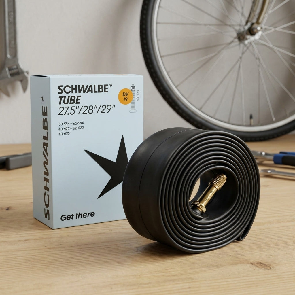 Neuer Schwalbe Fahrradschlauch DV19 für 27.5-29 Zoll Reifen mit 40mm Dunlop-Ventil auf Holztisch.
