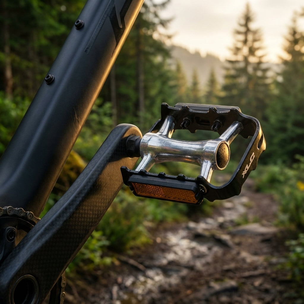 XLC MTB-Pedal Ultralight PD-M04 Pedale am Mountainbike auf einem Waldweg bei Sonnenlicht.