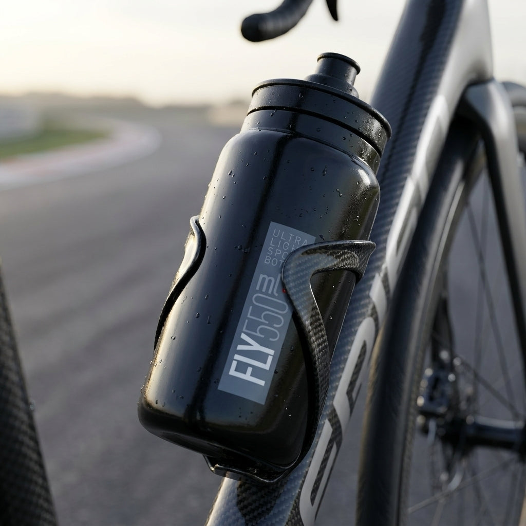 Elite Trinkflasche Fly 550 ml schwarzgrau am Carbon-Rennrad im Flaschenhalter, mit Wassertropfen auf der Oberfläche.