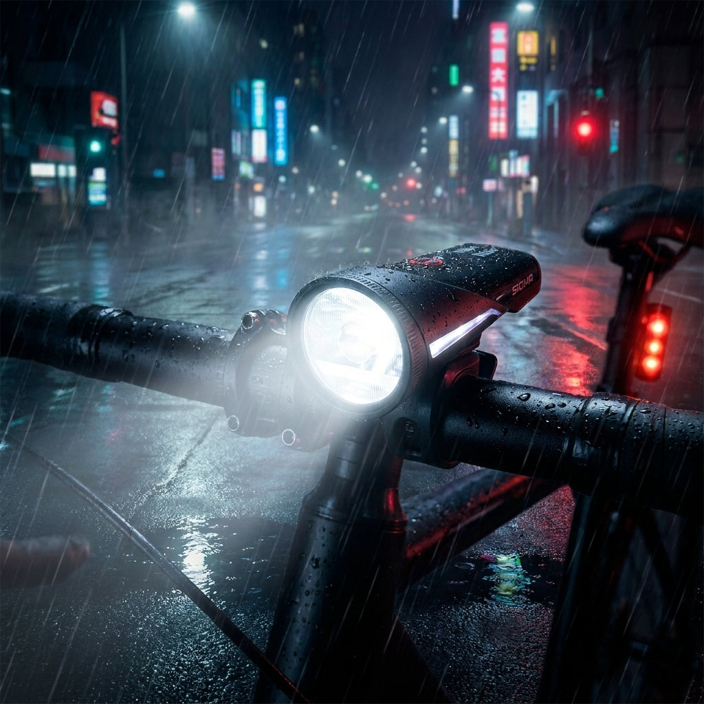 Sigma Aura 100 USB & Blaze Link Fahrradbeleuchtungsset: Helle 100 Lux LED-Lichter bei Nacht im Regen in der Stadt.