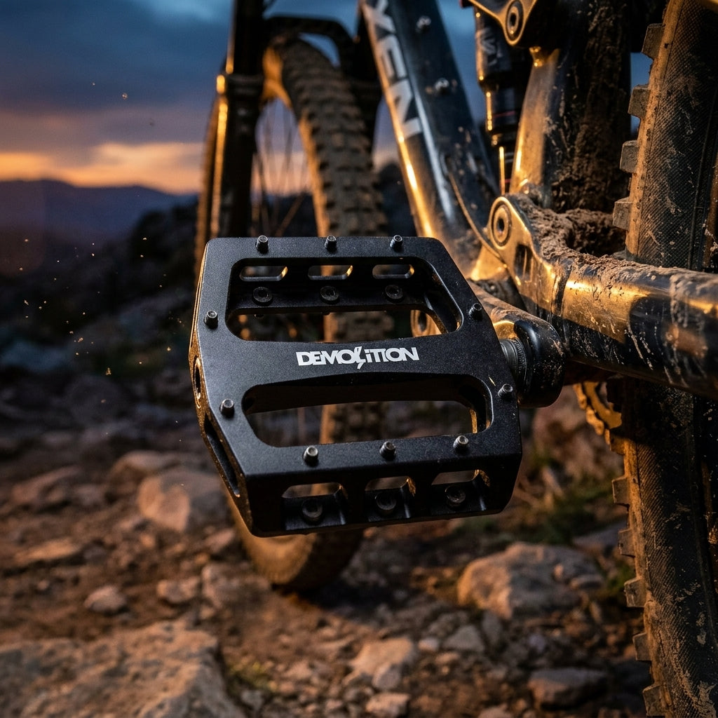De Marchi Demolition Trooper CNC Alu Pedale schwarz. Hochleistungs-Fahrradpedale für MTB, BMX. Optimaler Grip und extreme Haltbarkeit.