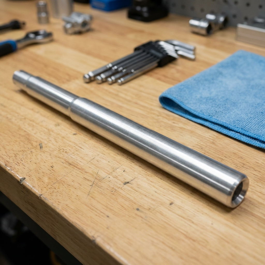 Point Sattelstütze Alu Kerze 27,8x300mm silber auf Werkbank mit Werkzeug.