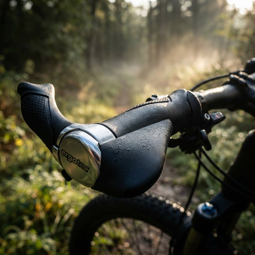 Ergotec Multiflex-Griffe AKSB-10/3 schwarz/silber, ergonomisch, nass vom Tau, am Fahrradlenker im Wald.