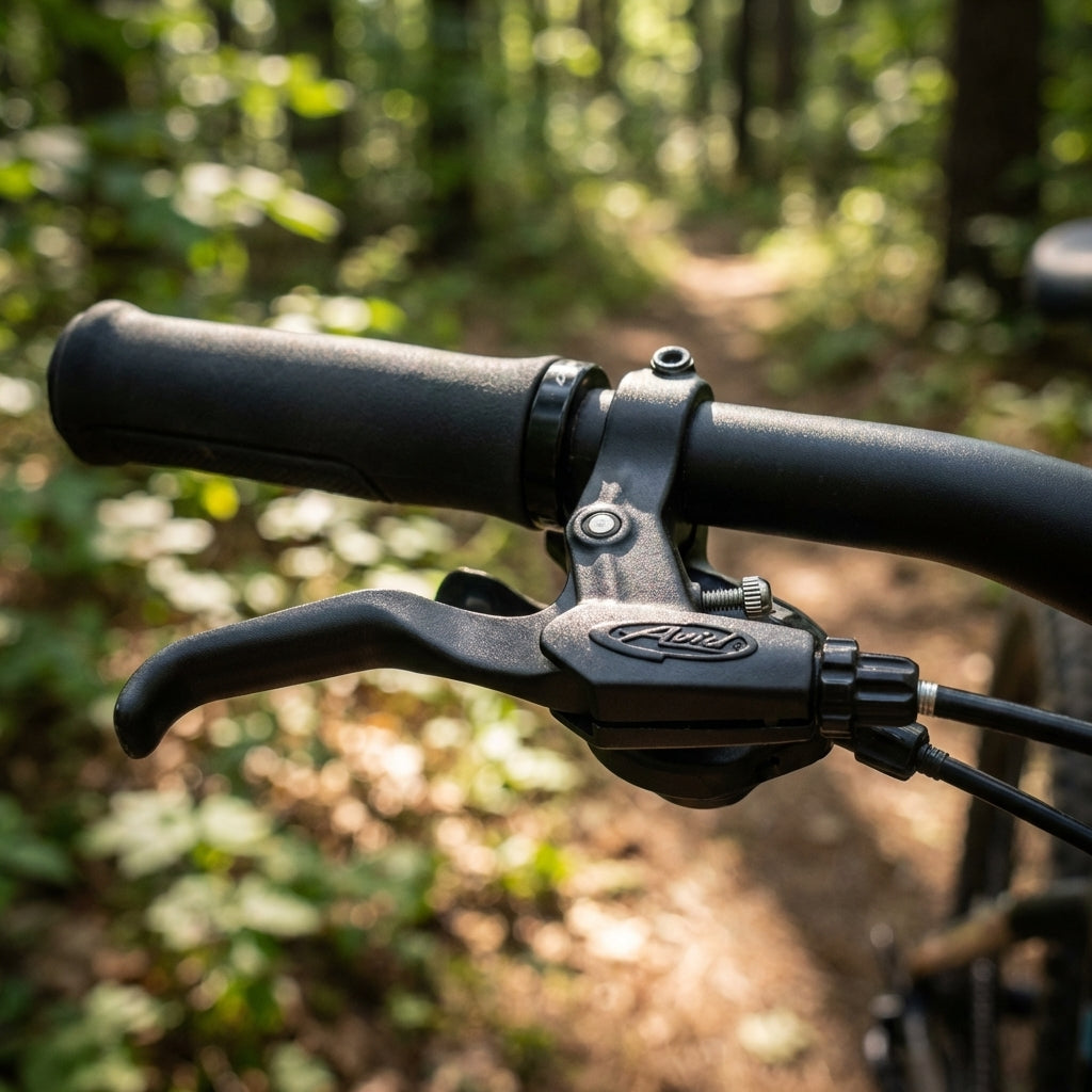 Avid FR-5 schwarzer Fahrrad Bremshebel am Lenker auf Waldweg.
