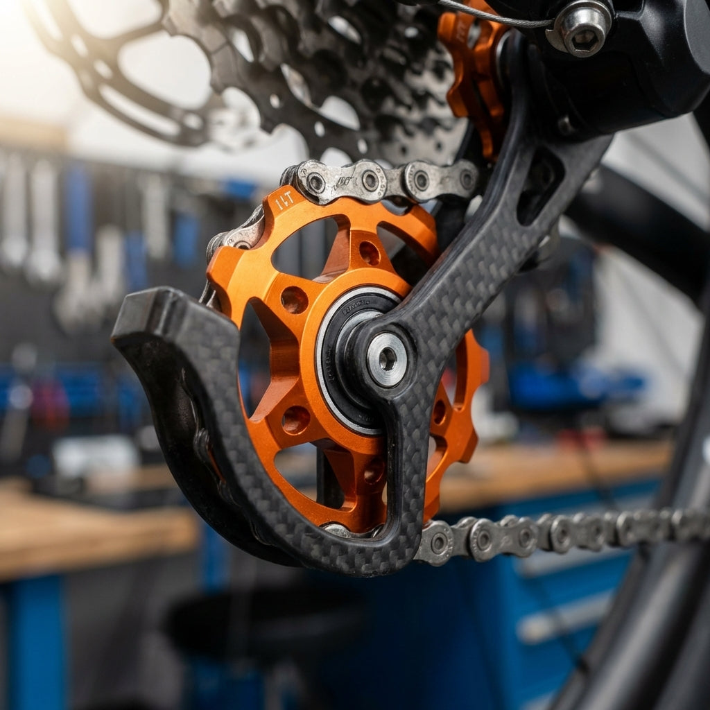 Orange XLC Schaltwerkpully PU-A02 mit 11 Zähnen aus Aluminium 7075 und gedichteten Lagern, am Fahrrad-Schaltwerk montiert.