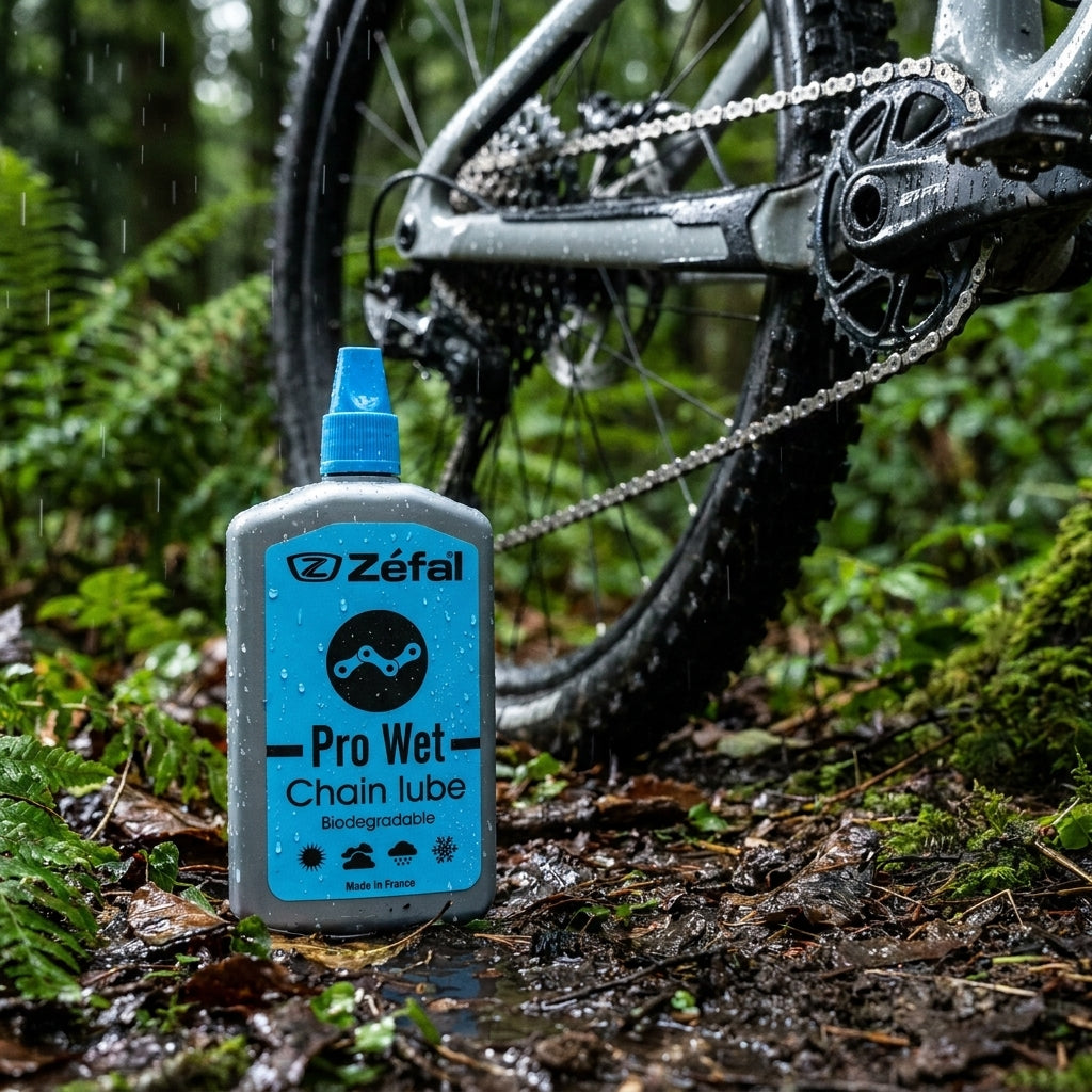 Zefal Pro Wet Lube 120ml Schmiermittel Flasche für Fahrradkette, im nassen Wald mit Mountainbike.