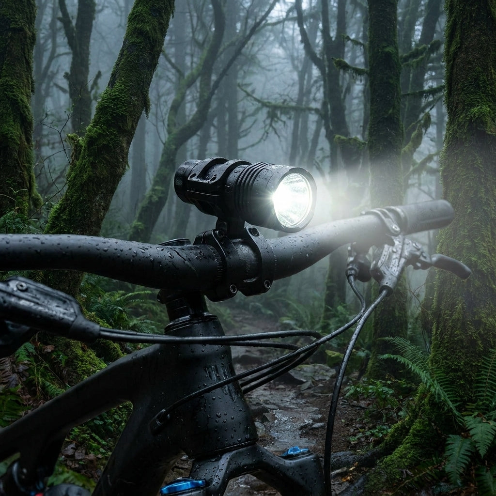 Herrmans Lampenhalter Nordic Xtreme/Pro schwarz 35mm am MTB-Lenker mit heller Fahrradlampe im nebligen Wald.
