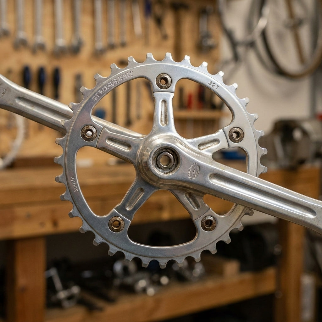 STRONGLIGHT Kettenblatt silber 32Z 74mm LK an Fahrradkurbel, Werkstatt-Hintergrund.