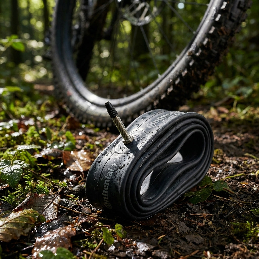Continental MTB 26 light Fahrradschlauch SV 42mm nass auf Waldboden vor Mountainbike-Reifen.