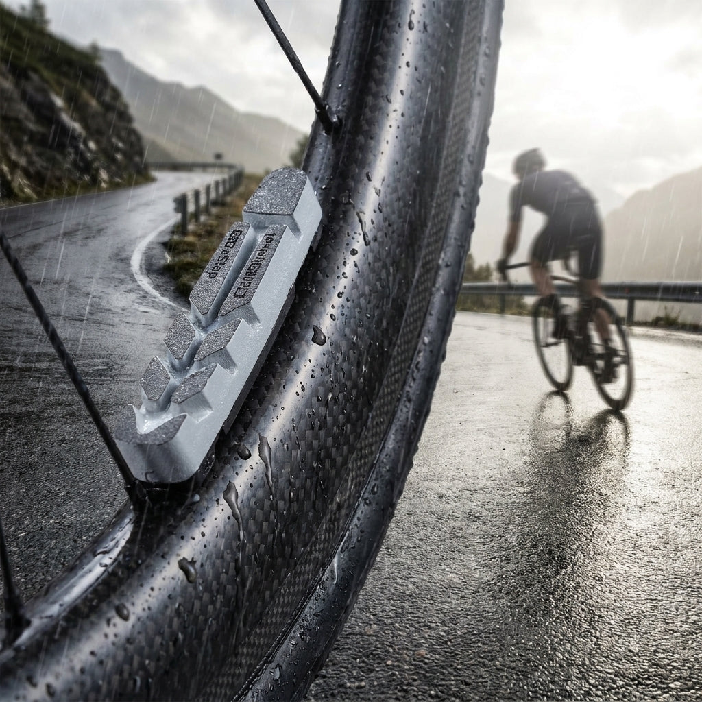 BBB CarbStop Bremsschuhe grau an Carbon-Fahrradfelge im Regen. Nasse Felge, Radfahrer auf feuchter Straße.