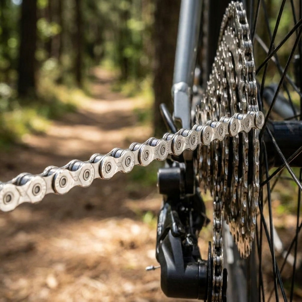 KMC Z8.3 EPT 8s Fahrradkette silber auf Kassette im Waldweg-Hintergrund, langlebige Schaltungskette.