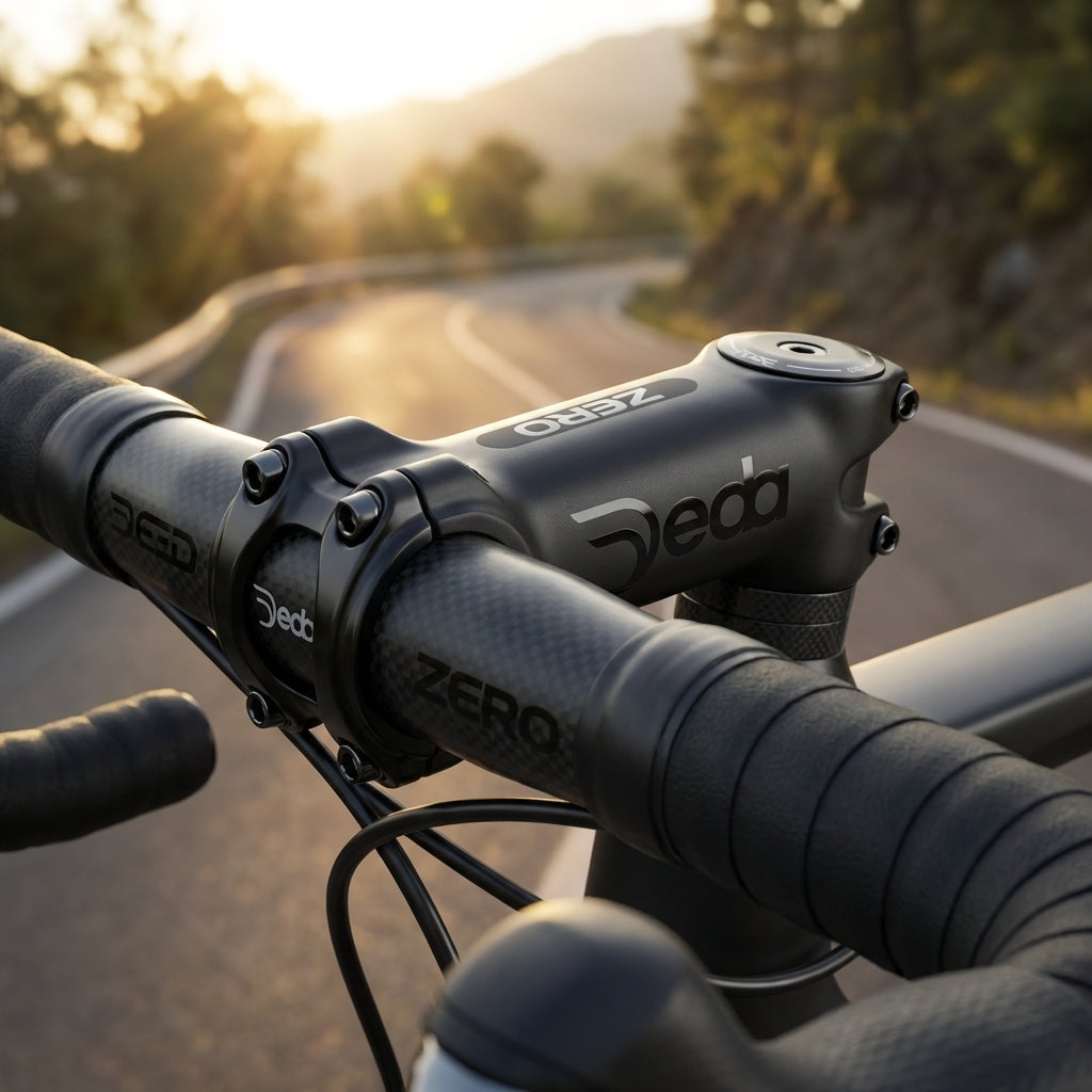 Deda Vorbau Zero2 OS, schwarz mit polierten Logos, am Rennrad auf einer kurvigen Bergstraße im Sonnenlicht.