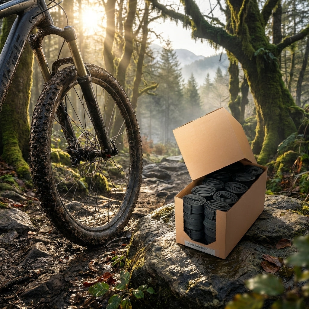 Continental MTB 26 Fahrradschläuche in einer Box auf einem Fels am Mountainbike-Trail im Wald.