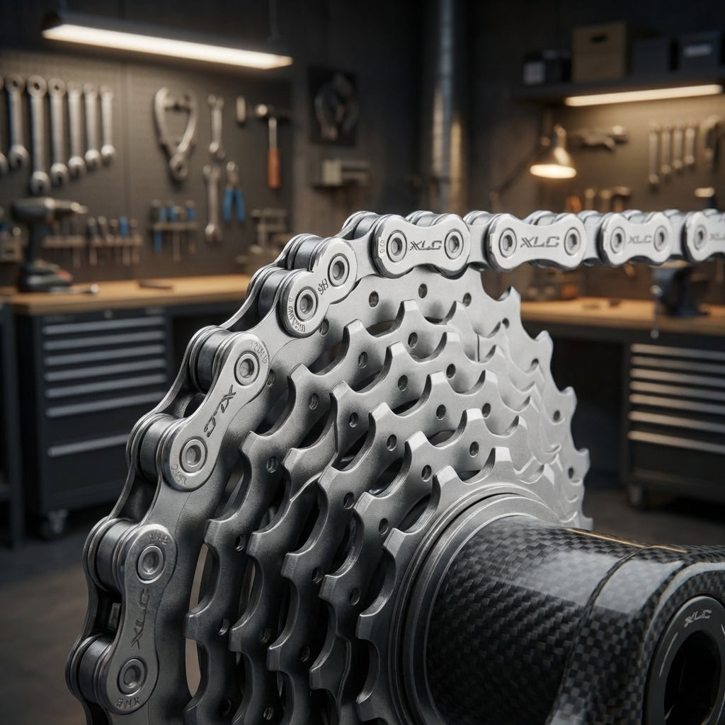XLC CC-C04 11-fach silber Fahrradkette auf Kassette in Werkstatt.