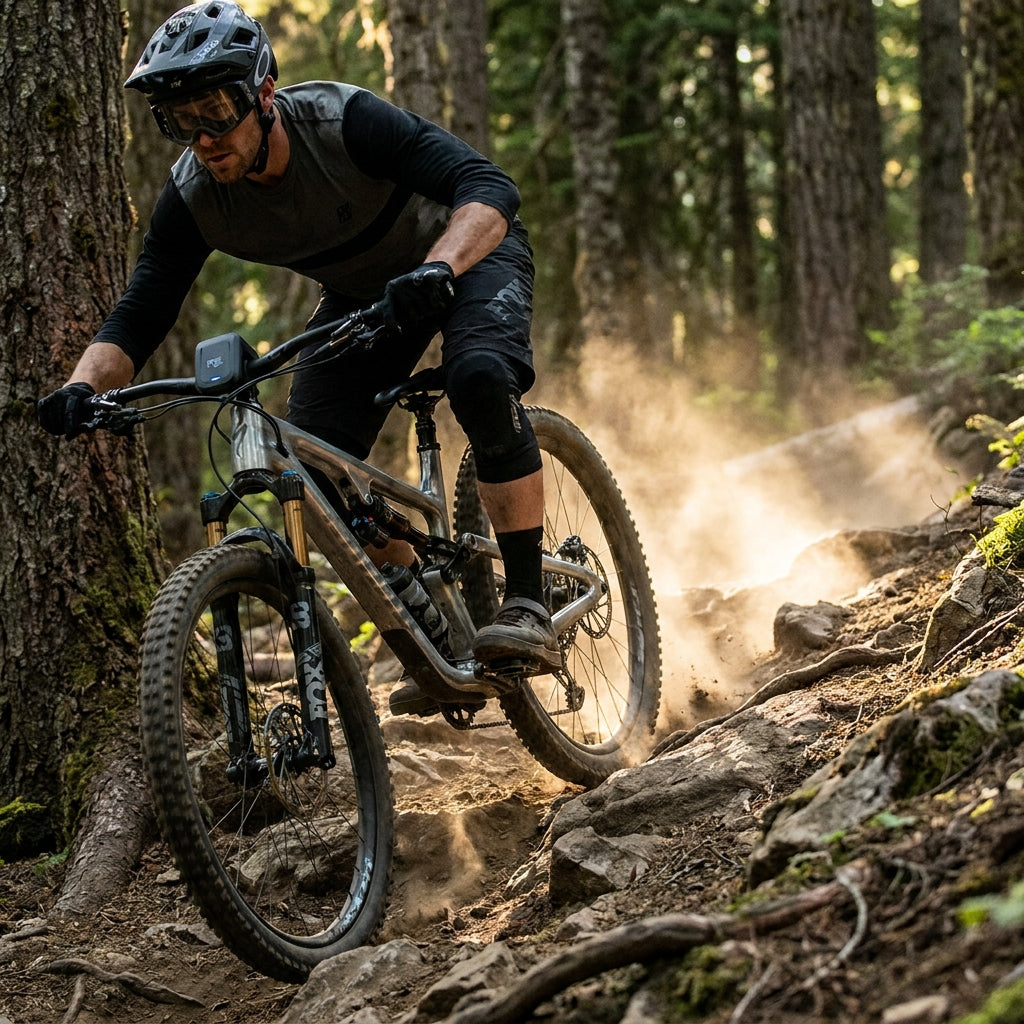 FOX LIVE m2a Controller, Intrigue X an Mountainbike auf Trail. Smarte Fahrwerkssteuerung für maximale Performance.