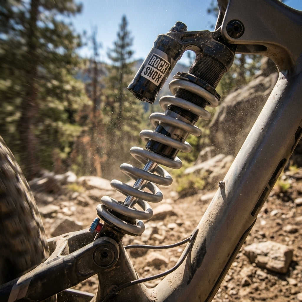 Graue Rockshox Feder an einem Mountainbike-Hinterraddämpfer auf einem staubigen Trail.