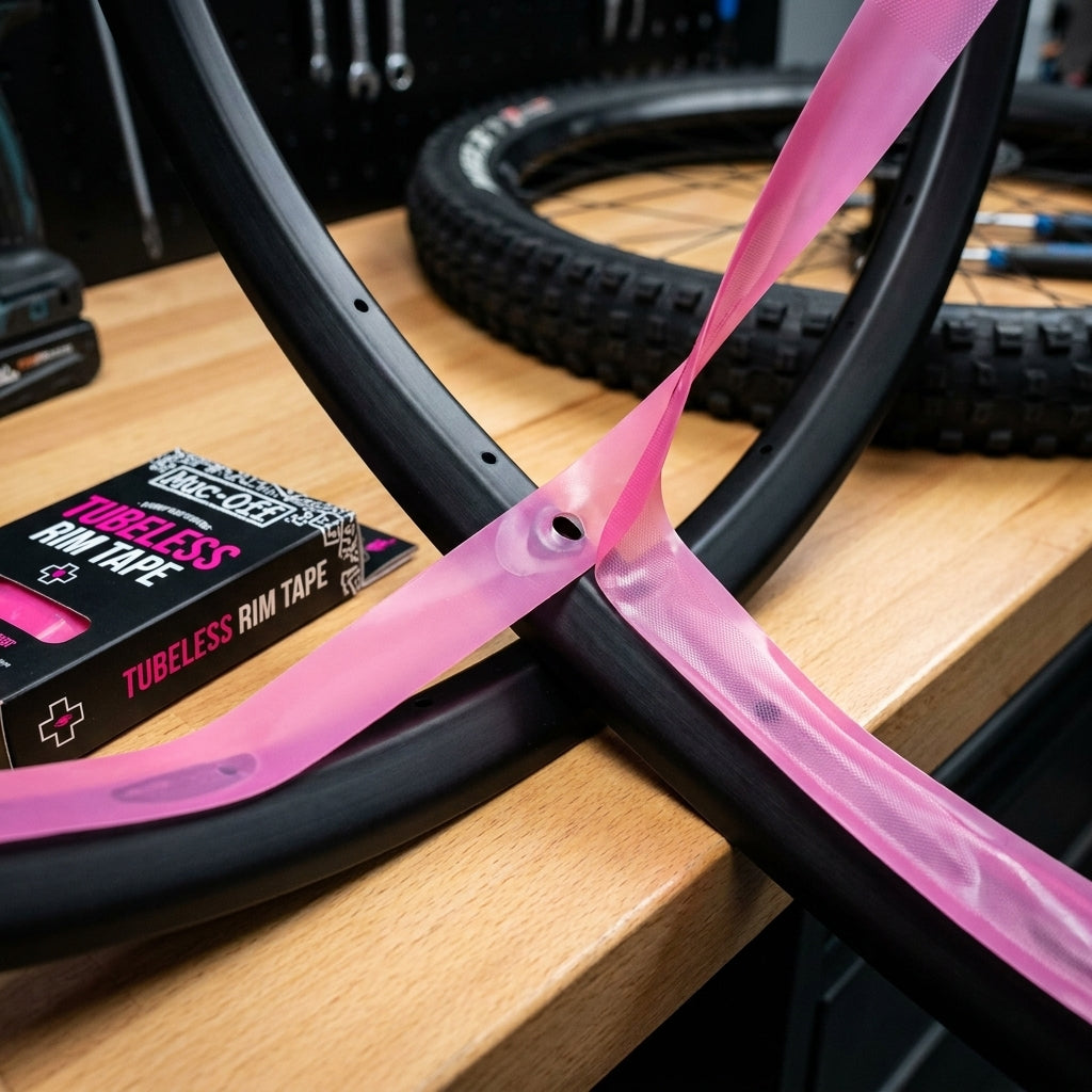 Muc-Off Tubeless Felgenband pink wird auf schwarzer Fahrradfelge montiert, mit Produktverpackung im Hintergrund.
