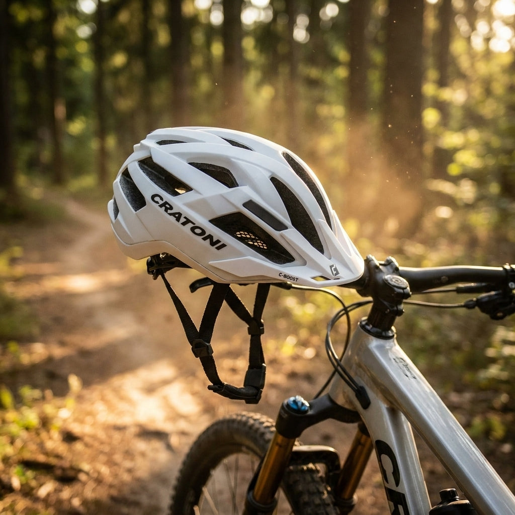 Cratoni Helm C-Boost MTB weiß matt M/L 58-62cm auf Mountainbike im sonnigen Wald