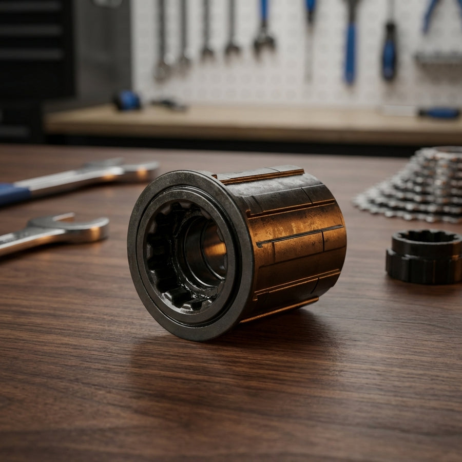 Shimano Freilaufkörper FH-RM40/M475 9/8-fach auf einer hölzernen Werkbank in einer Fahrradwerkstatt.
